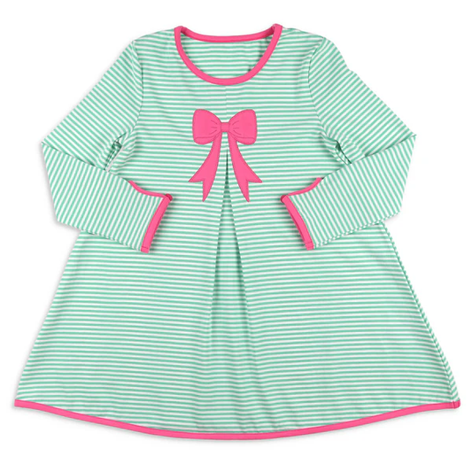 MOQ 8 Preorder GLD1342 Pink Bow Green Stripe Long Sleeve Dresses for Girls  202509