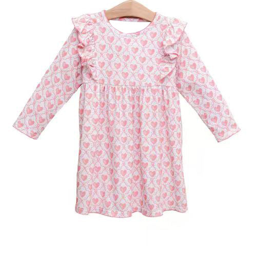 MOQ 8 Preorder GLD1343 Valentine's Day Love Bow Pink Ruffle Long Sleeve Dresses for Girls  202509