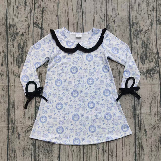 NO MOQ Preorder GLD1346 Christmas Doll Collar Navy Ruffle Long Sleeve Dresses for Girls  202510