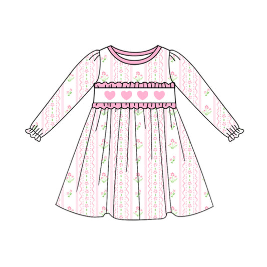 MOQ 8 Preorder GLD1347 Valentine's Day Floral Love Ruffle Long Sleeve Dresses for Girls  202509