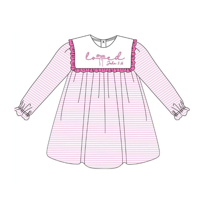 MOQ 8 Preorder GLD1350 Valentine's Day Love Ruffle Pink Stripe Long Sleeve Dresses for Girls  202509