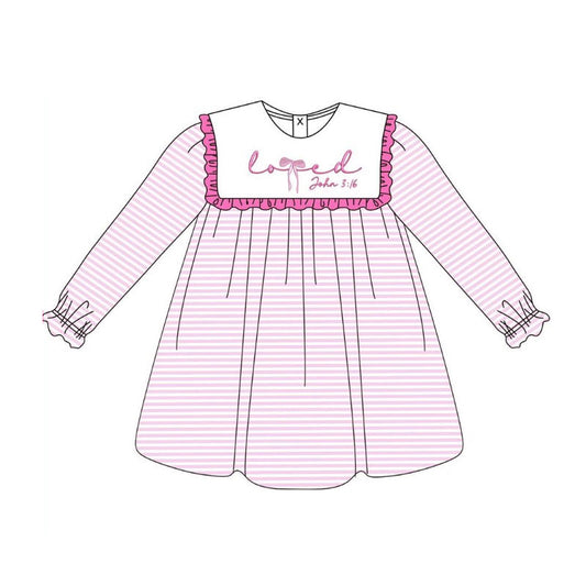 MOQ 8 Preorder GLD1350 Valentine's Day Love Ruffle Pink Stripe Long Sleeve Dresses for Girls  202509