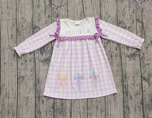 NO MOQ Preorder GLD1356-XS-3XL Easter Jesus Love Me Ruffle Purple Long Sleeve Dresses for Girls  202509