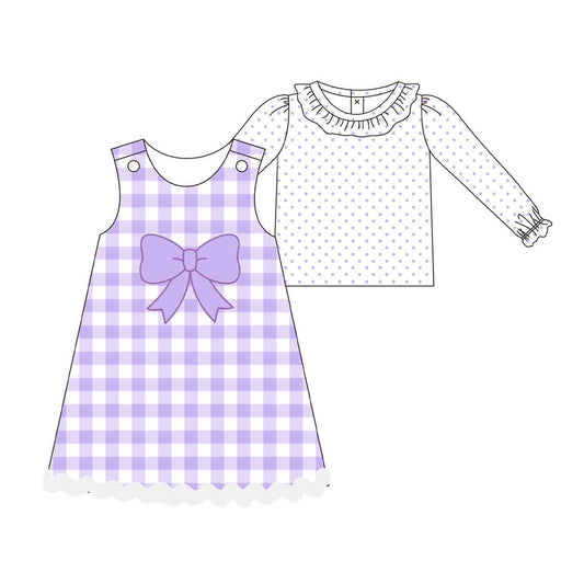 MOQ 8 Preorder GLD1358 Dots Ruffle Shirts with Bows Plaid Purple Sleeveless Dresses for Girls  202509