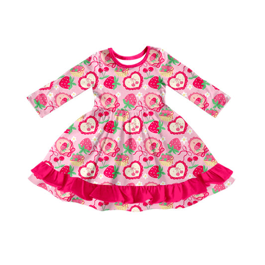 MOQ 8 Preorder GLD1359 Bows Strawberry Red Ruffle Long Sleeve Dresses for Girls  202509