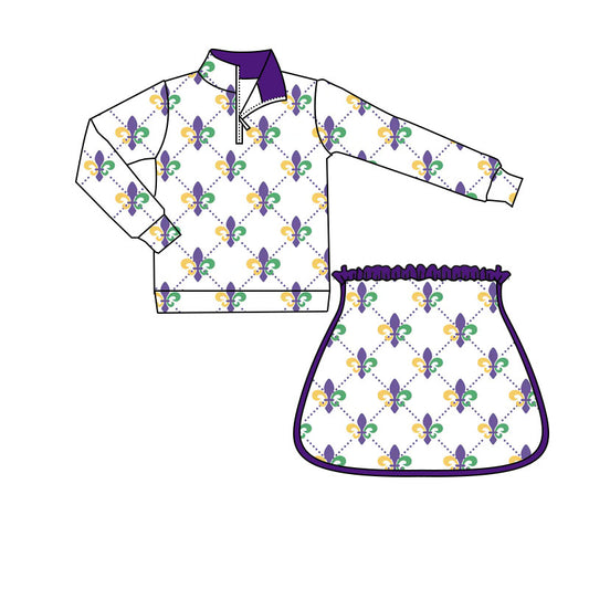 MOQ 8 preorder GLD1360 Mardi Gras Purple Zipper Collar Long Sleeve Skirts Girls Yoga Sets 202509