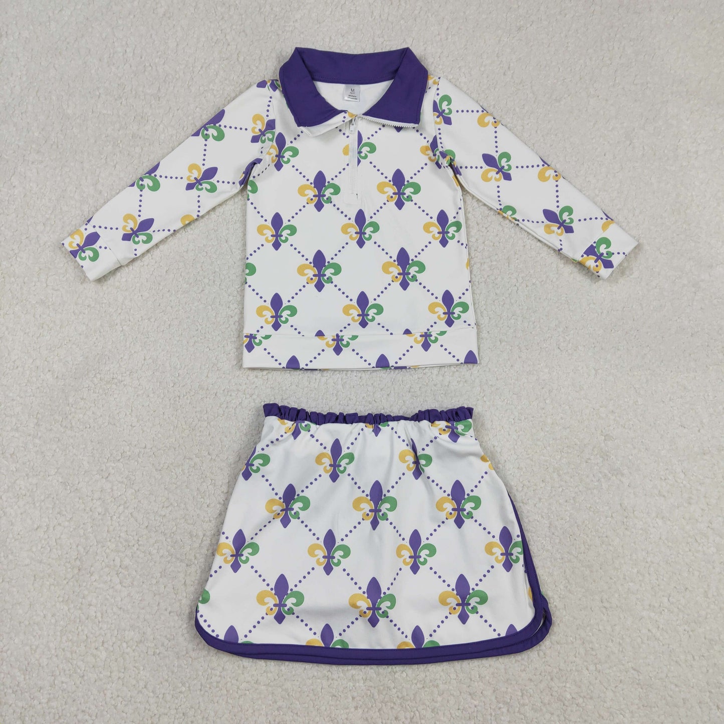 GLD1360 Mardi Gras Purple Zipper Collar Long Sleeve Skirts Girls Yoga Sets 202601 RTS