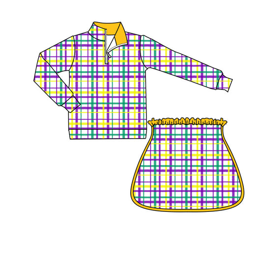 MOQ 8 preorder GLD1361 Mardi Gras Plaid Yellow Zipper Collar Long Sleeve Skirts Girls Yoga Sets 202509
