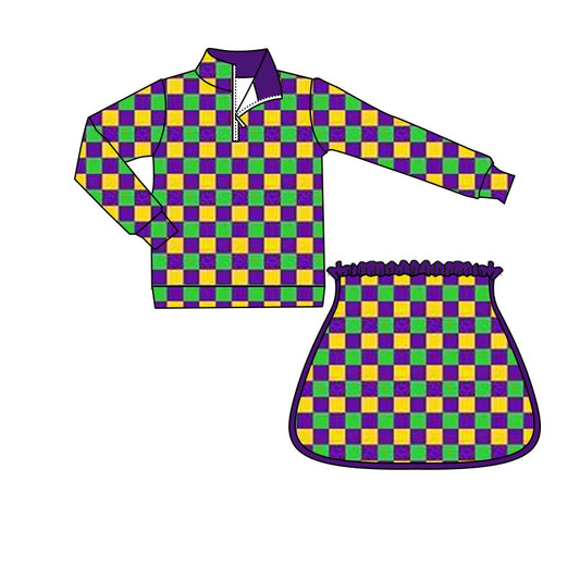 MOQ 8 preorder GLD1362 Mardi Gras Plaid Purple Zipper Collar Long Sleeve Skirts Girls Yoga Sets 202509