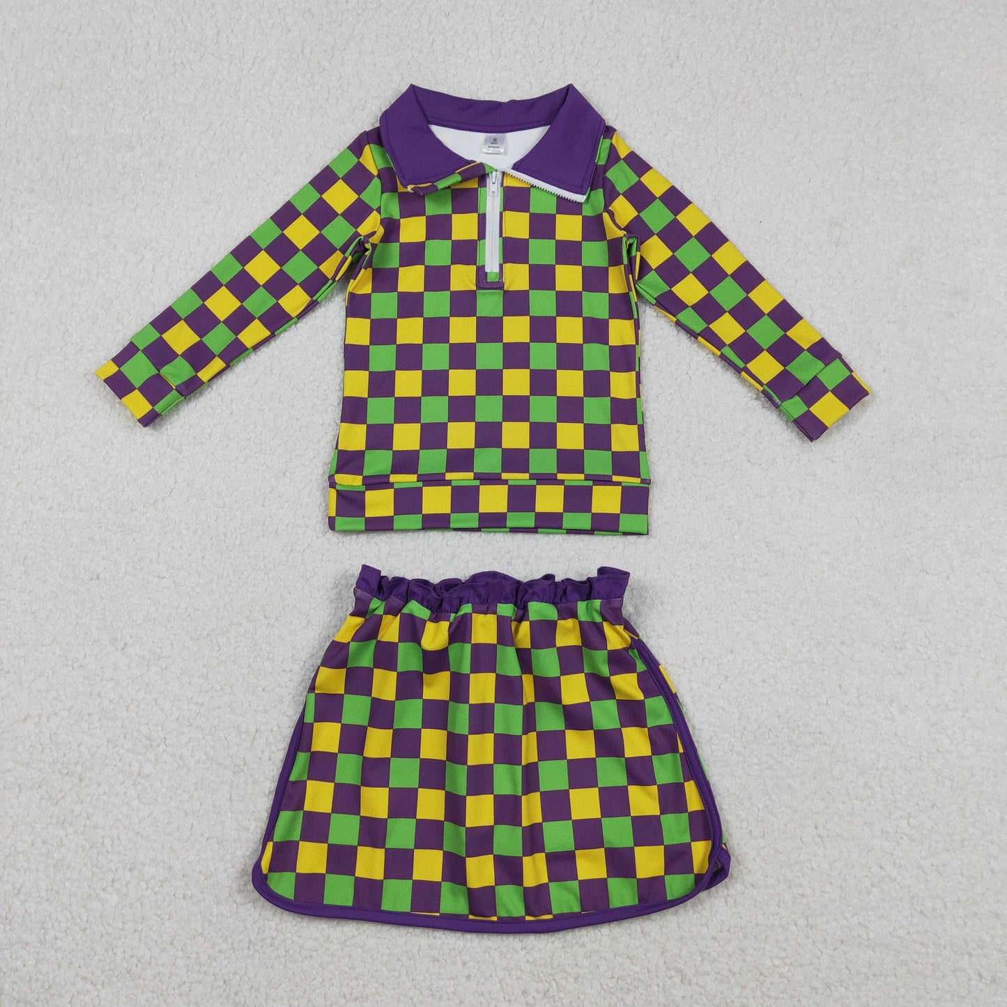 GLD1362 Mardi Gras Plaid Purple Zipper Collar Long Sleeve Skirts Girls Yoga Sets 202512 RTS