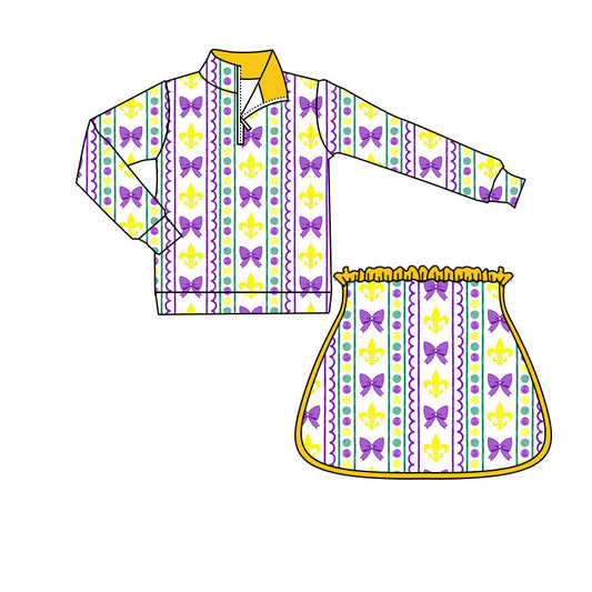 MOQ 8 preorder GLD1363 Mardi Gras Bows Dots Yellow Zipper Collar Long Sleeve Skirts Girls Yoga Sets 202509