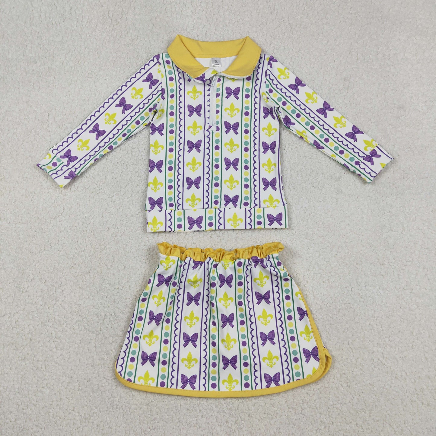 GLD1363 Mardi Gras Bows Dots Yellow Zipper Collar Long Sleeve Skirts Girls Yoga Sets 202512 RTS