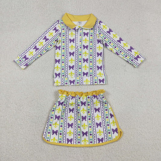 GLD1363 Mardi Gras Bows Dots Yellow Zipper Collar Long Sleeve Skirts Girls Yoga Sets 202512 RTS