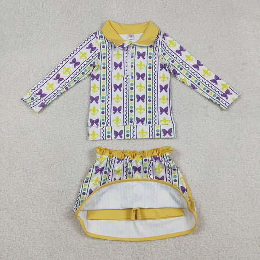 GLD1363 Mardi Gras Bows Dots Yellow Zipper Collar Long Sleeve Skirts Girls Yoga Sets 202512 RTS