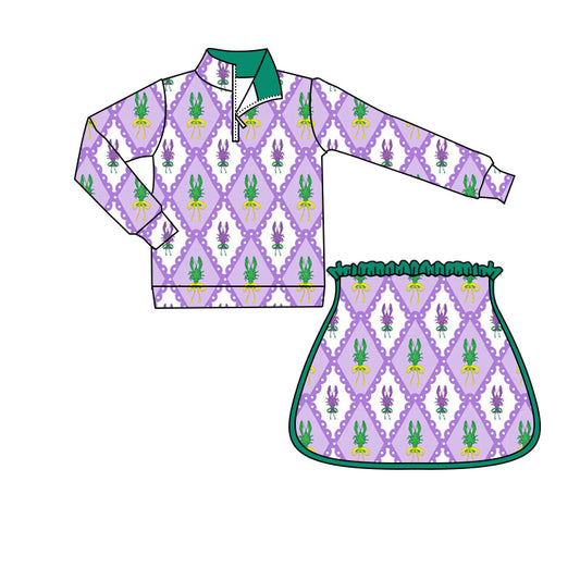 MOQ 8 preorder GLD1364 Mardi Gras Crayfish Plaid Purple Green Zipper Collar Long Sleeve Skirts Girls Yoga Sets 202509