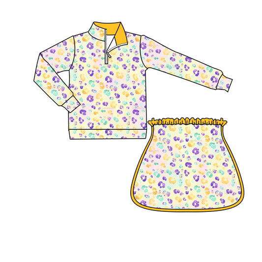 MOQ 8 preorder GLD1365 Mardi Gras Colored Leopard Yellow Zipper Collar Long Sleeve Skirts Girls Yoga Sets 202509