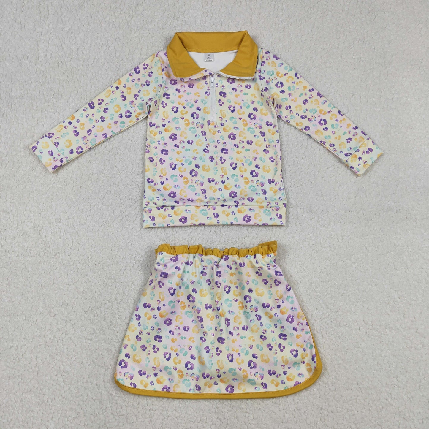 GLD1365 Mardi Gras Colored Leopard Yellow Zipper Collar Long Sleeve Skirts Girls Yoga Sets 202512 RTS