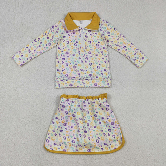 GLD1365 Mardi Gras Colored Leopard Yellow Zipper Collar Long Sleeve Skirts Girls Yoga Sets 202512 RTS