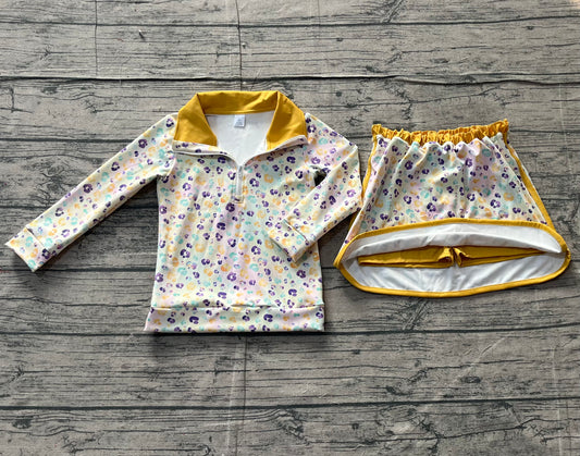 NO MOQ preorder GLD1365 Mardi Gras Colored Leopard Yellow Zipper Collar Long Sleeve Skirts Girls Yoga Sets 202511