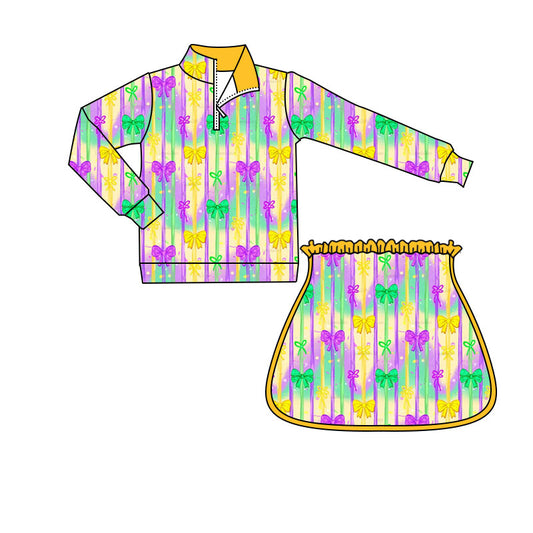 MOQ 8 preorder GLD1366 Mardi Gras Colored Bows Stripe Yellow Zipper Collar Long Sleeve Skirts Girls Yoga Sets 202509