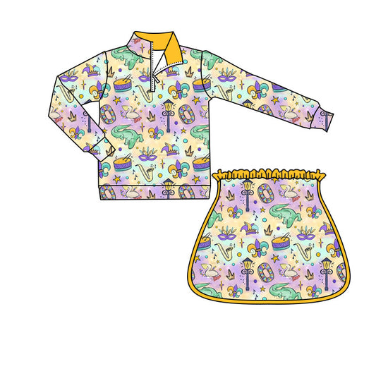 MOQ 8 preorder GLD1367 Mardi Gras Crocodile Yellow Zipper Collar Long Sleeve Skirts Girls Yoga Sets 202509
