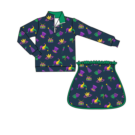 MOQ 8 preorder GLD1369 Mardi Gras Navy Zipper Collar Long Sleeve Skirts Girls Yoga Sets 202509