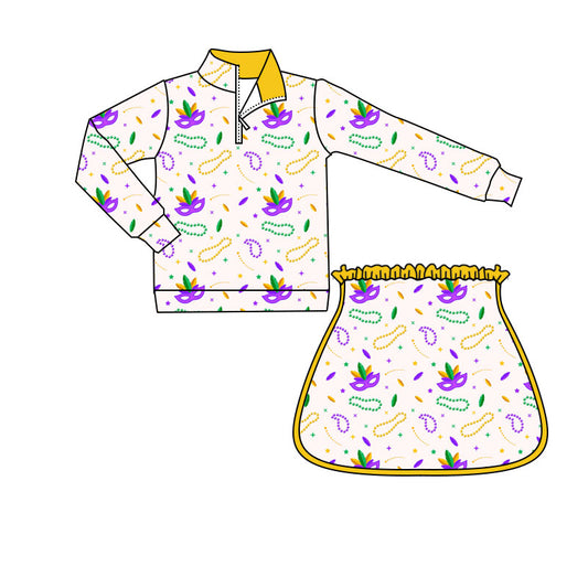 MOQ 8 preorder GLD1370 Mardi Gras Yellow Zipper Collar Long Sleeve Skirts Girls Yoga Sets 202509
