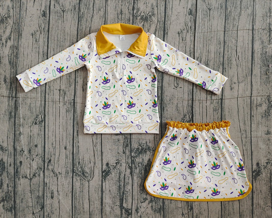 NO MOQ preorder GLD1370 Mardi Gras Yellow Zipper Collar Long Sleeve Skirts Girls Yoga Sets 202511