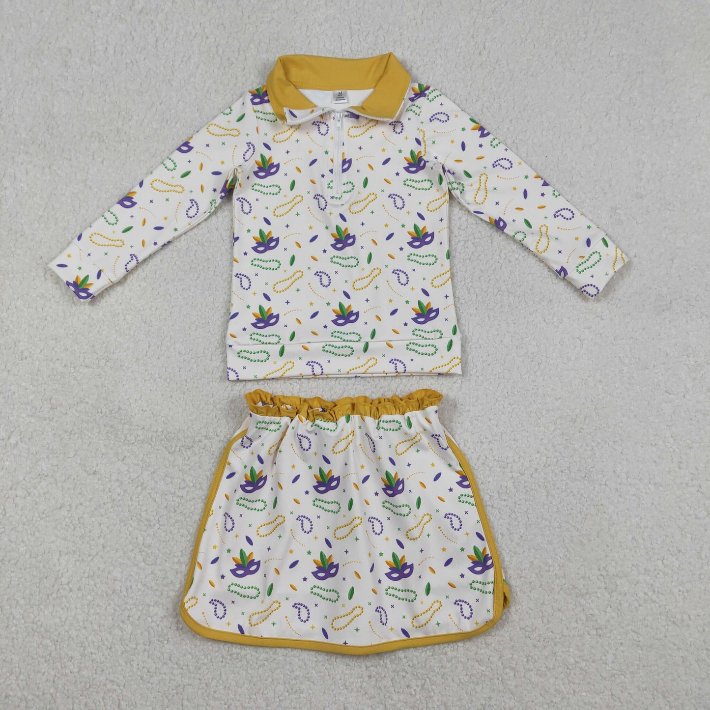 GLD1370 Mardi Gras Yellow Zipper Collar Long Sleeve Skirts Girls Yoga Sets 202512 RTS