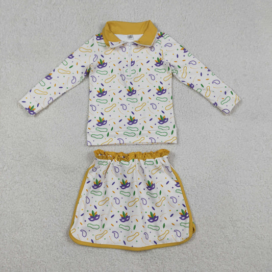 GLD1370 Mardi Gras Yellow Zipper Collar Long Sleeve Skirts Girls Yoga Sets 202512 RTS