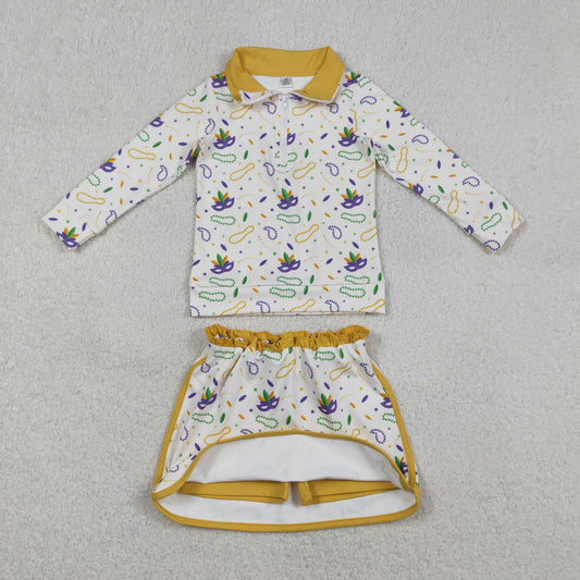 GLD1370 Mardi Gras Yellow Zipper Collar Long Sleeve Skirts Girls Yoga Sets 202512 RTS