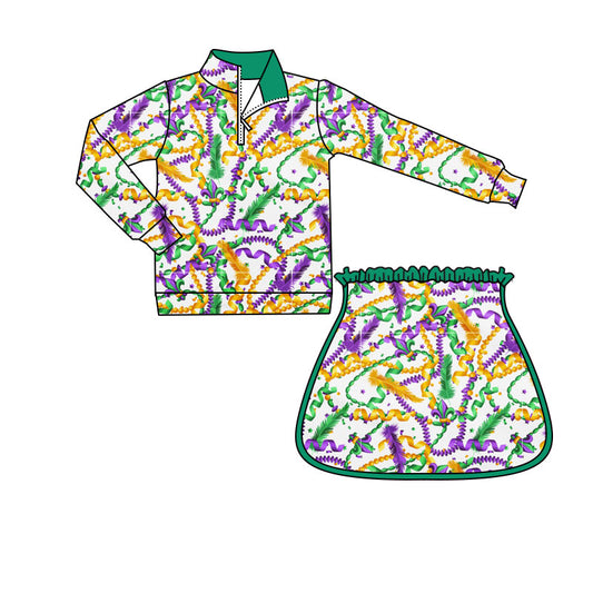 MOQ 8 preorder GLD1371 Mardi Gras Ribbons Green Zipper Collar Long Sleeve Skirts Girls Yoga Sets 202509