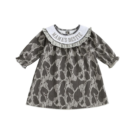 MOQ 8 Preorder GLD1372 Mama's Bestie Camouflage Ruffle Long Sleeve Dresses for Girls  202510