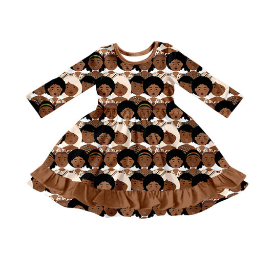 MOQ 8 Preorder GLD1374 Cartoon Brown Ruffle Long Sleeve Dresses for Girls  202510