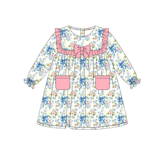 MOQ 8 Preorder GLD1375 Floral Bows Pocket Pink Ruffle Long Sleeve Dresses for Girls  202510 Sibling
