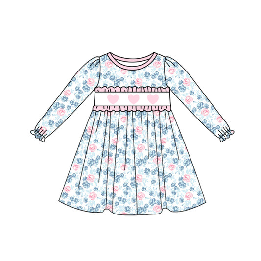 MOQ 8 Preorder GLD1376 Valentine‘s Day Flower Love Pink Ruffle Long Sleeve Dresses for Girls  202510