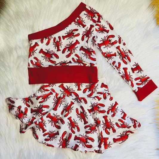 MOQ 8 Preorder GLD1377 Mardi Gras Crayfish Red One-Sided Long-Sleeved Skirt Girls  Sets 202510