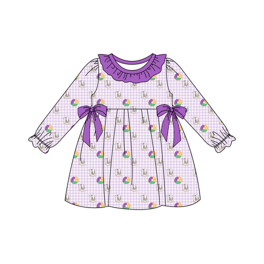 MOQ 5 Preorder GLD1379 Mardi Gras Purple Ruffle Bows Plaid Long Sleeve Dresses for Girls  202510