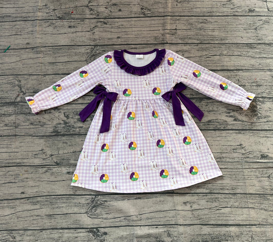 NO MOQ Preorder GLD1379 Mardi Gras Purple Ruffle Bows Plaid Long Sleeve Dresses for Girls  202511