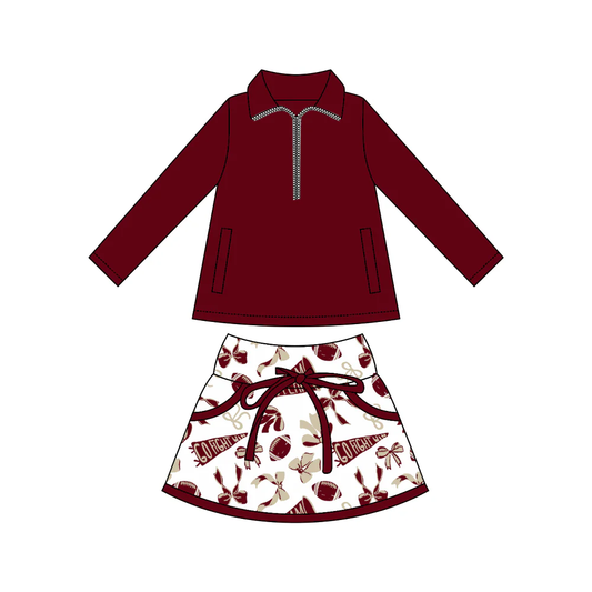 MOQ 5 preorder GLD1384 Go Team Dark Red Zipper Collar Long Sleeve Skirts Girls Yoga Sets 202510