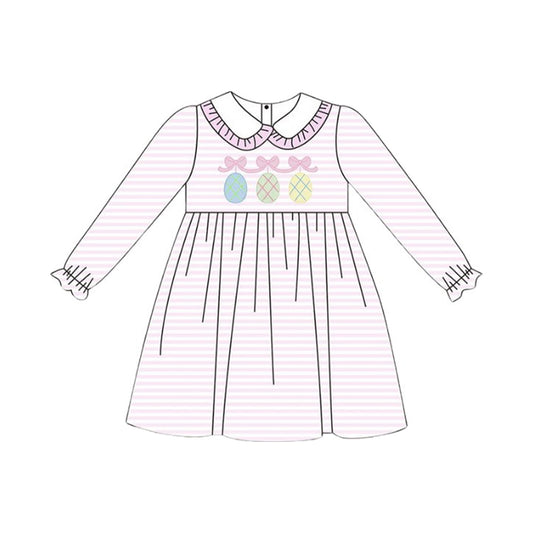 MOQ 5 Preorder GLD1385 Easter Eggs Bows Pink Stripe Doll Collar Long Sleeve Dresses for Girls  202510