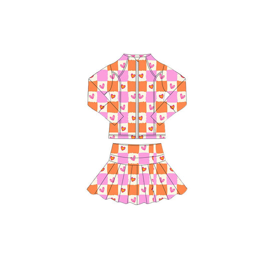 MOQ 5 preorder GLD1388 Valentine's Day Bows Orange Pink Plaid Zipper Long Sleeve Skirts Girls Yoga Sets 202510