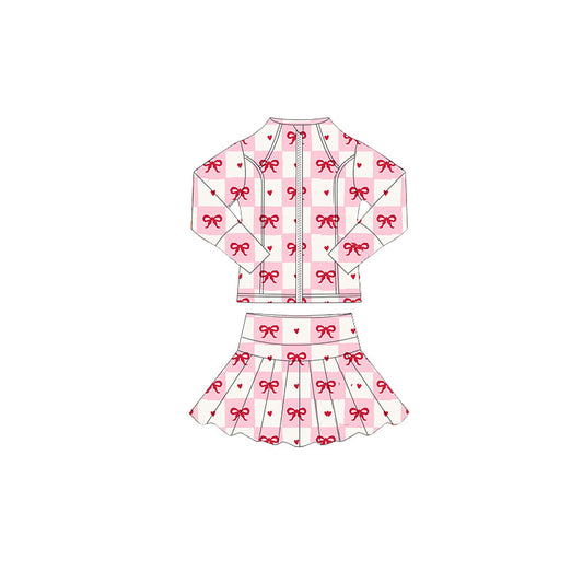 MOQ 5 preorder GLD1389 Valentine's Day Bows Pink White Plaid Zipper Long Sleeve Skirts Girls Yoga Sets 202510
