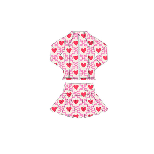 MOQ 5 preorder GLD1390 Valentine's Day Bows Love Beige Zipper Long Sleeve Skirts Girls Yoga Sets 202510