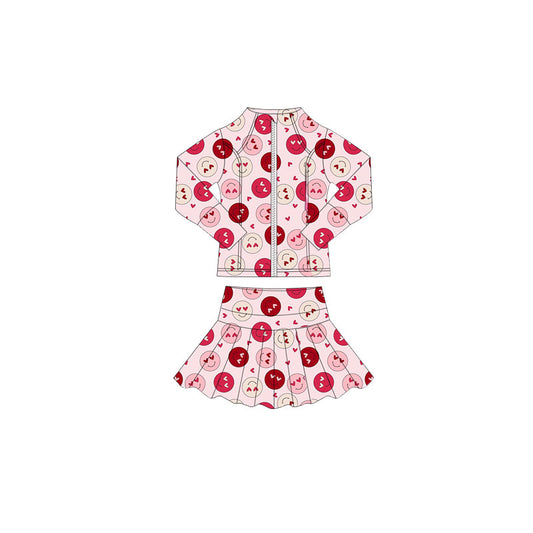 MOQ 5 preorder GLD1391 Valentine's Day Love Smile Face Pink Zipper Long Sleeve Skirts Girls Yoga Sets 202510