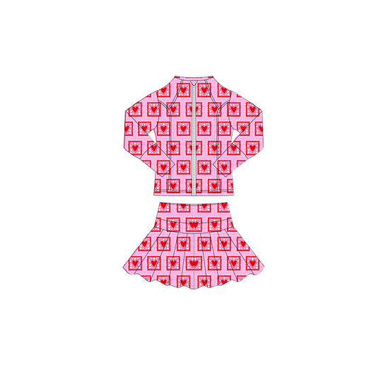MOQ 5 preorder GLD1393 Valentine's Day Love Plaid Rose Red Zipper Long Sleeve Skirts Girls Yoga Sets 202510