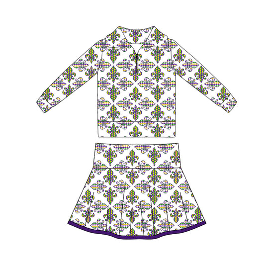 MOQ 5 preorder GLD1394 Mardi Gras Zipper Collar Long Sleeve Skirts Girls Yoga Sets 202510