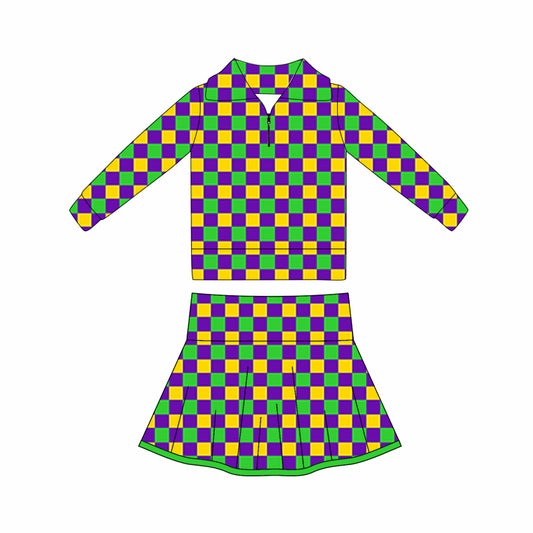 MOQ 5 preorder GLD1397  Mardi Gras Plaid Zipper Collar Long Sleeve Skirts Girls Yoga Sets 202510