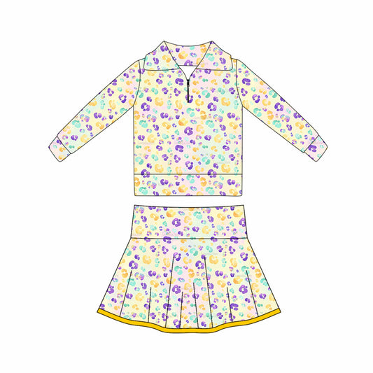 MOQ 5 preorder GLD1400 Mardi Gras Leopard Yellow Zipper Collar Long Sleeve Skirts Girls Yoga Sets 202510