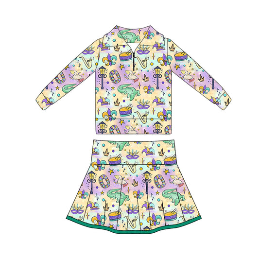 MOQ 5 preorder GLD1401 Mardi Gras Crocodile Mask Zipper Collar Long Sleeve Skirts Girls Yoga Sets 202510